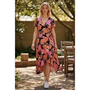 Floral V-Neck Maxi Dress Short Sleeve Size M